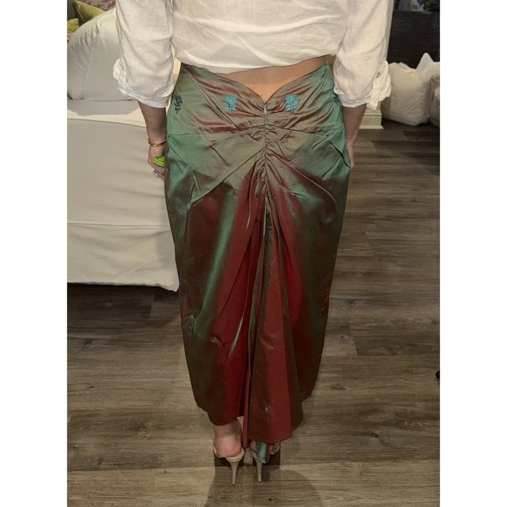 Vtg 90s Y2K Free People Silk Floral Embroidered Iridescent Midi Bussell Skirt - Picture 5 of 11